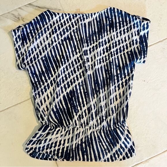 Michael Michael Kors Blue & White Shibori Tie Dye Print Cinched Waist Blouse Med - Picture 3 of 6